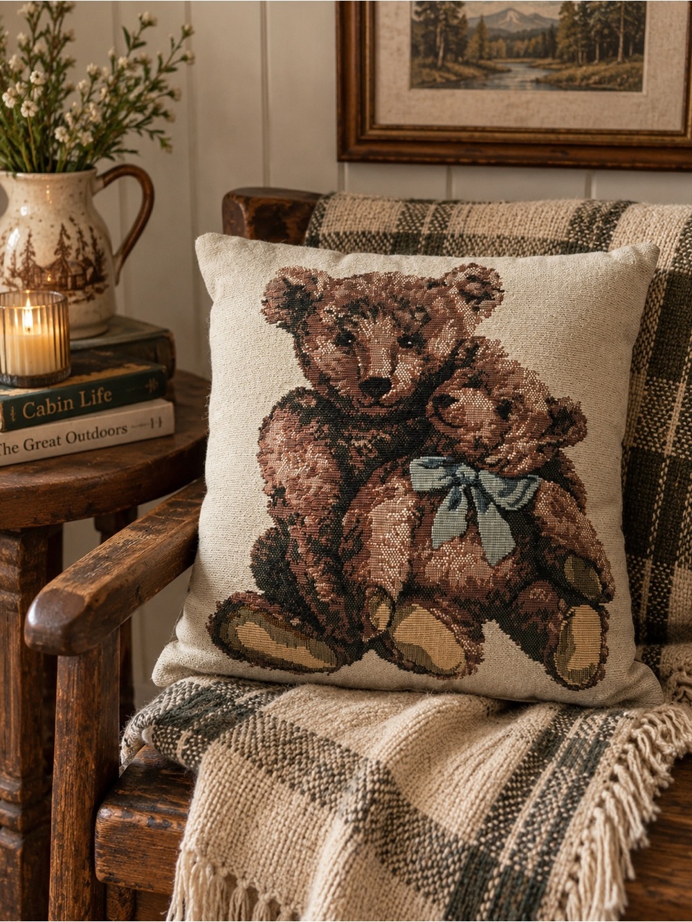 Vintage Beige Throw Pillow with Brown Teddy Bear